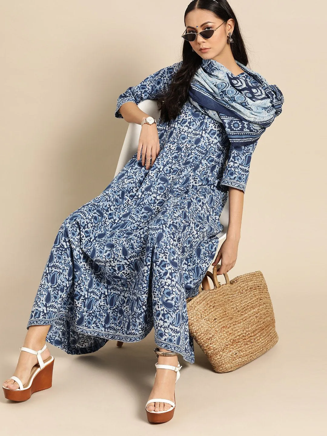 Womens Indigo Floral Printed Flared Round Neck Dress With Three Quarters Sleeves  & Dupatta