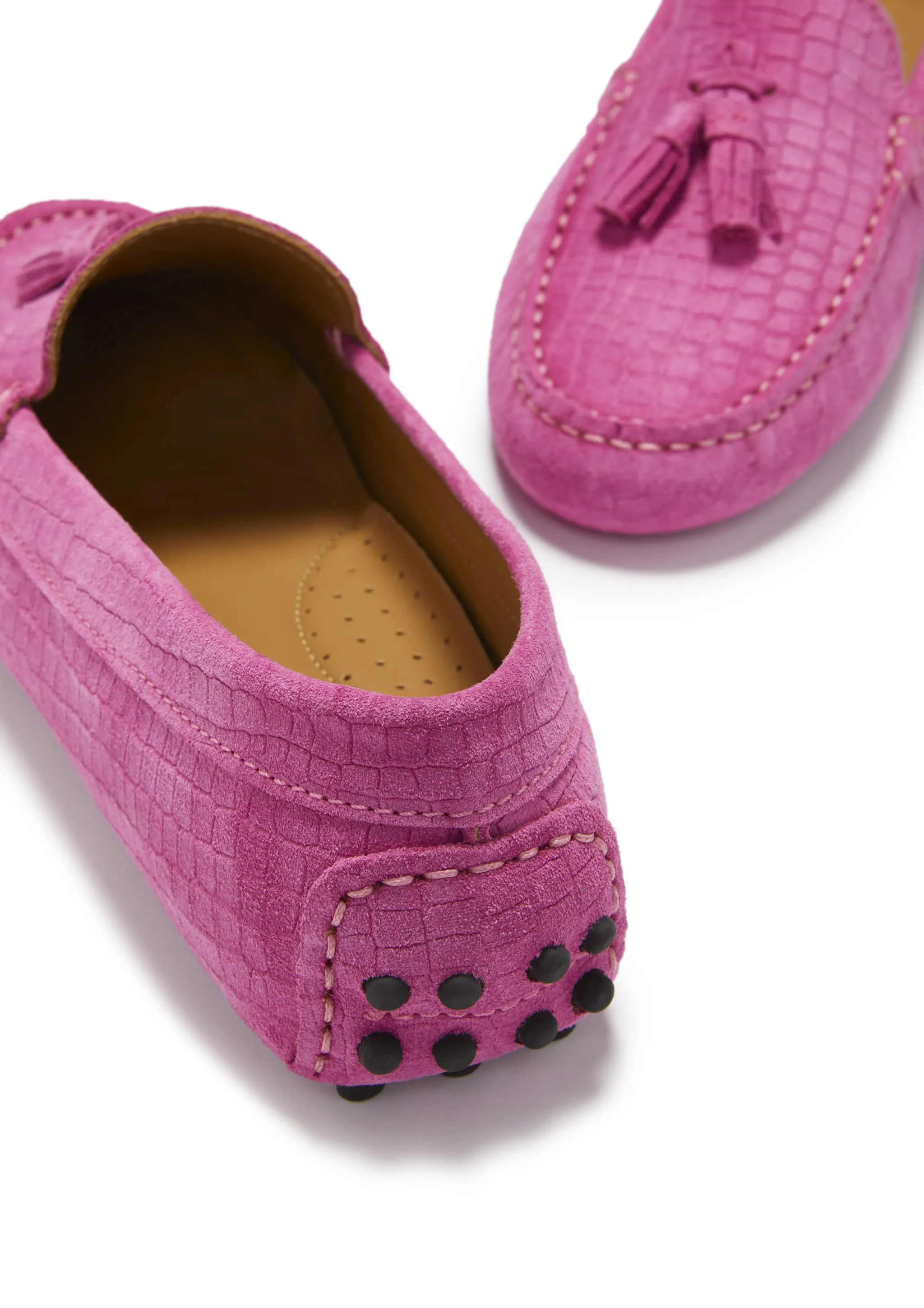 Women's Tasselled Driving Loafers, pink embossed suede